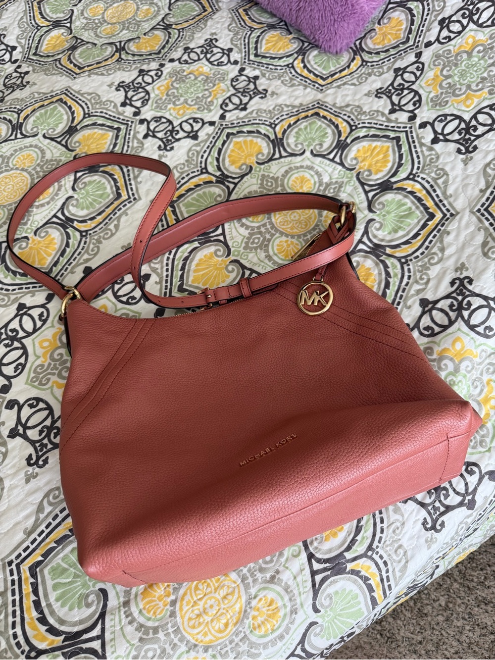 Michael Kors Dusty Coral Leather Shoulder Bag with Gold MK Charm
